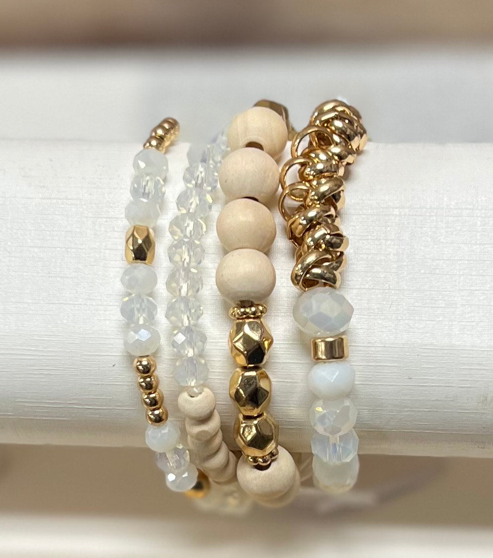 Crystal & Wooden Bead Stretch Bracelet Set-4 piece