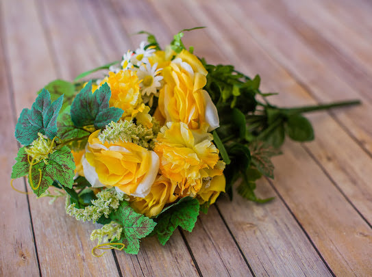 Yellow Carnation and Open Rose Bush